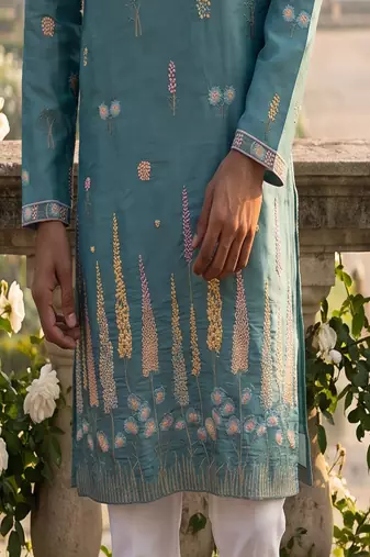 light blue embroidered silk kurta with cotton cream pajama 