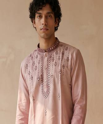 peach embroidered silk kurta with cotton cream pajama  2