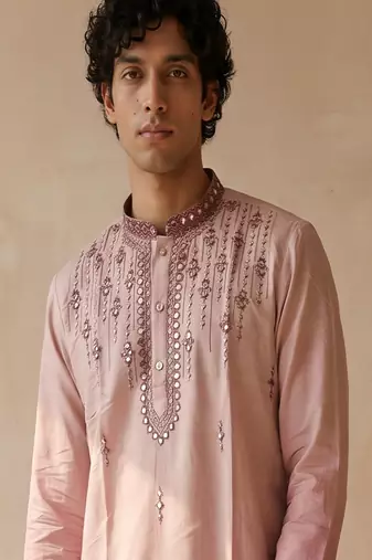 peach embroidered silk kurta with cotton cream pajama 