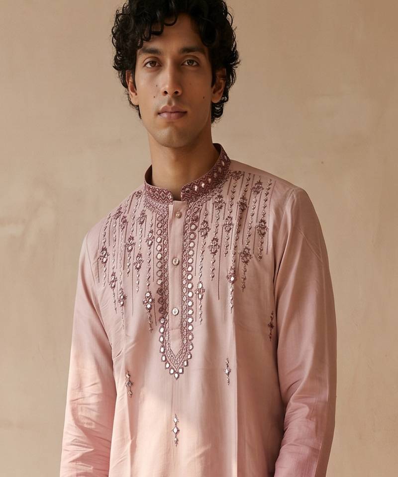 peach embroidered silk kurta with cotton cream pajama 