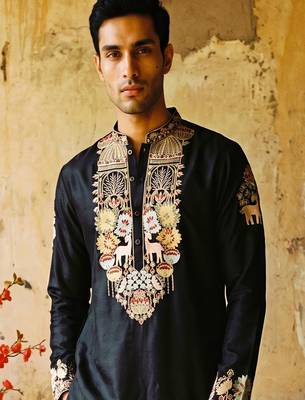 white embroidered silk kurta with cotton cream pajama  2