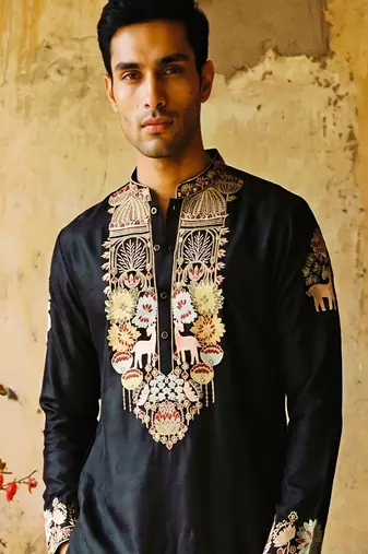white embroidered silk kurta with cotton cream pajama 