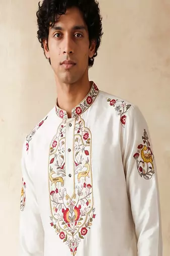 black embroidered silk kurta with cotton cream pajama 