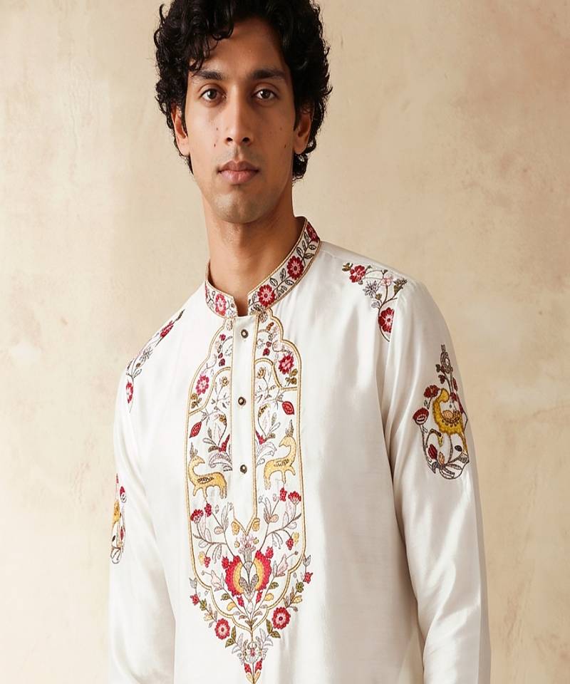 black embroidered silk kurta with cotton cream pajama 