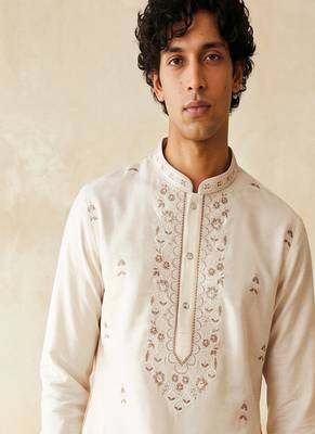 White embroidered silk kurta with cotton cream pajama  3