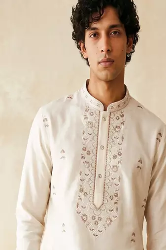 White embroidered silk kurta with cotton cream pajama 
