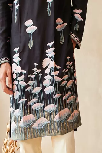 black embroidered silk kurta with cotton cream pajama 