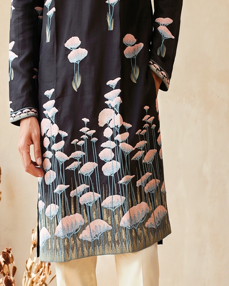 black embroidered silk kurta with cotton cream pajama 