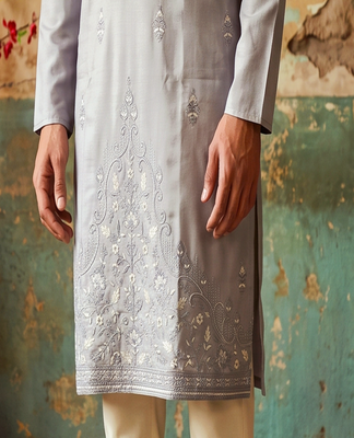 Grey embroidered silk kurta with cotton cream pajama  2