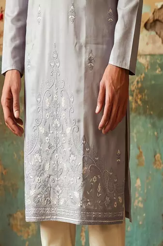 Grey embroidered silk kurta with cotton cream pajama 
