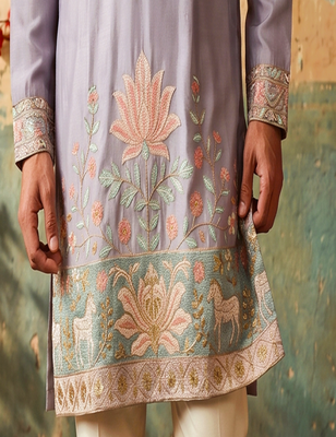 lilac embroidered silk kurta with cotton cream pajama  3