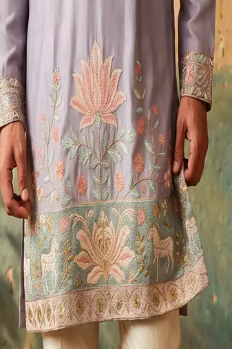 lilac embroidered silk kurta with cotton cream pajama 