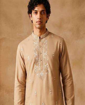peach embroidered silk kurta with cotton cream pajama  2