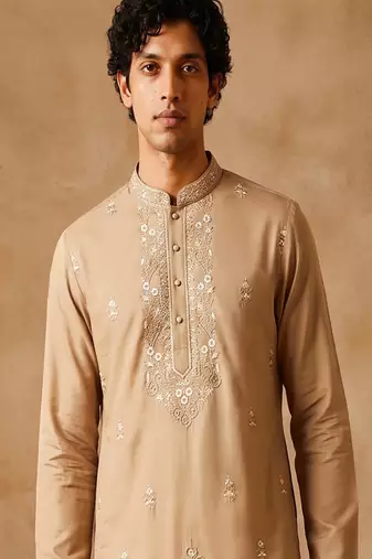 peach embroidered silk kurta with cotton cream pajama 