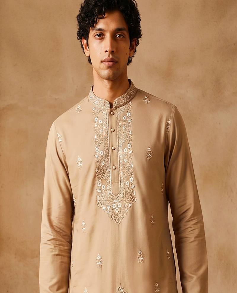 peach embroidered silk kurta with cotton cream pajama 