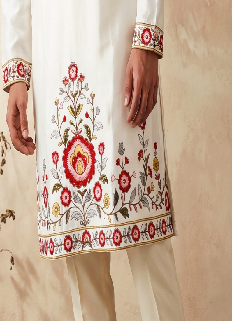 black embroidered silk kurta with cotton cream pajama 