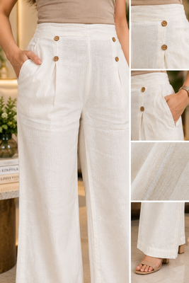 Beige cotton pleated wide-leg trousers for women 2
