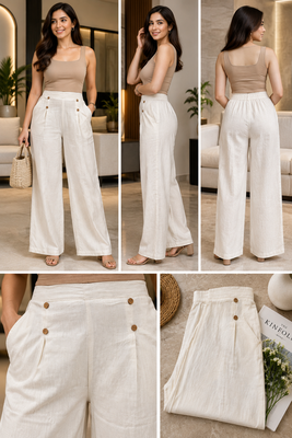 Beige cotton pleated wide-leg trousers for women 5
