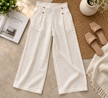 Beige cotton pleated wide-leg trousers for women 6