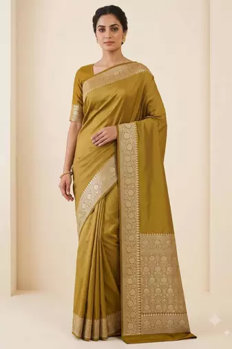 mustard gold plain anchal zari border semi silk blend banarasi saree