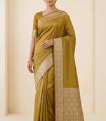 mustard gold plain anchal zari border semi silk blend banarasi saree