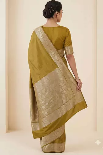 mustard gold plain anchal zari border semi silk blend banarasi saree