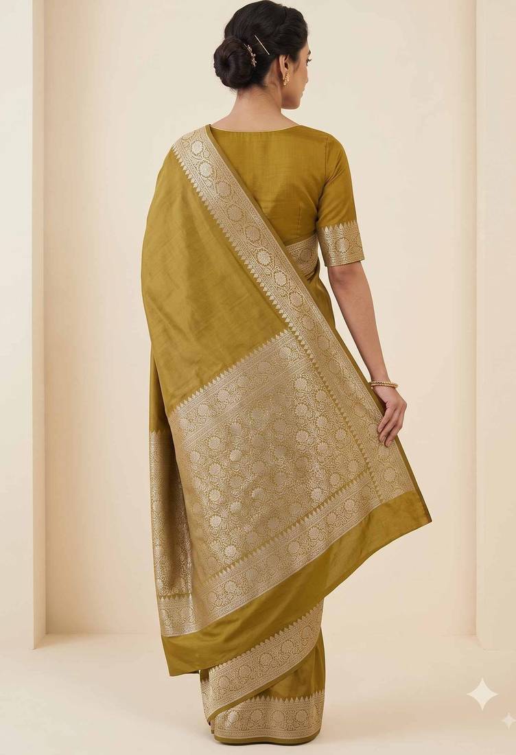 mustard gold plain anchal zari border semi silk blend banarasi saree