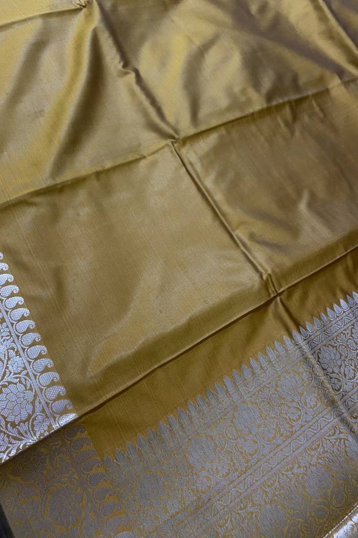 mustard gold plain anchal zari border semi silk blend banarasi saree