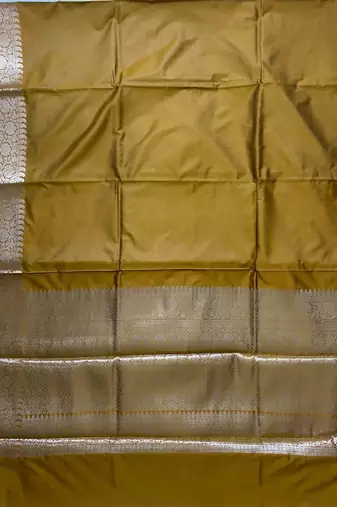 mustard gold plain anchal zari border semi silk blend banarasi saree