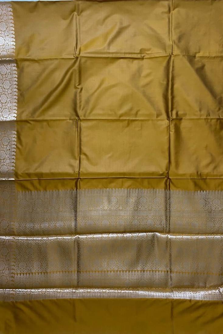 mustard gold plain anchal zari border semi silk blend banarasi saree