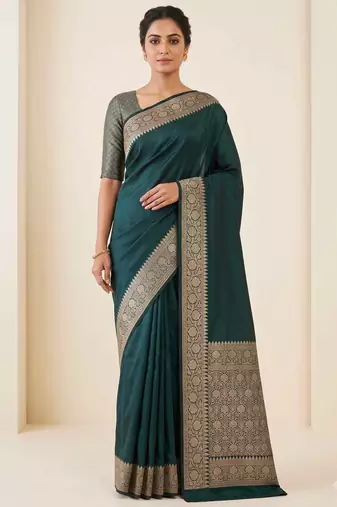bottle green plain anchal zari border semi silk blend banarasi saree