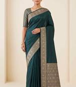 bottle green plain anchal zari border semi silk blend banarasi saree