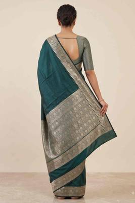 bottle green plain anchal zari border semi silk blend banarasi saree 2