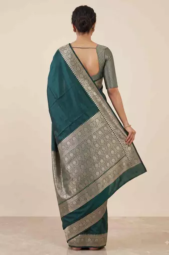 bottle green plain anchal zari border semi silk blend banarasi saree