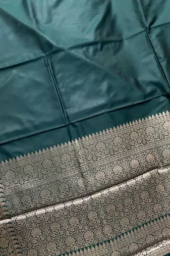 bottle green plain anchal zari border semi silk blend banarasi saree
