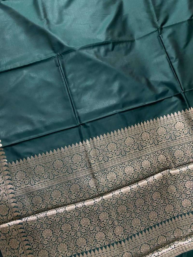 bottle green plain anchal zari border semi silk blend banarasi saree