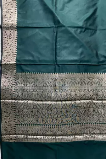bottle green plain anchal zari border semi silk blend banarasi saree