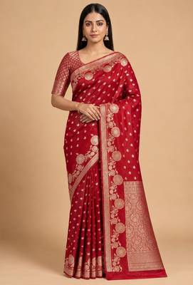 red floral zari booti semi silk blend banarasi saree 1
