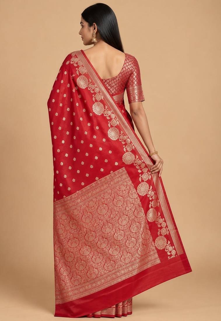 red floral zari booti semi silk blend banarasi saree