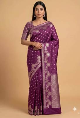 plum floral zari booti semi silk blend banarasi saree 1