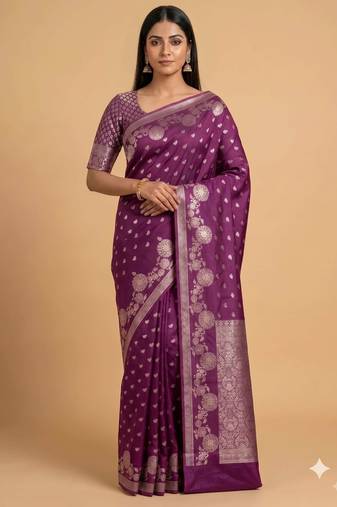 plum floral zari booti semi silk blend banarasi saree