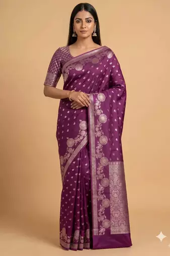 plum floral zari booti semi silk blend banarasi saree