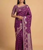 plum floral zari booti semi silk blend banarasi saree