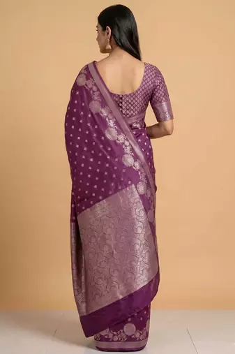 plum floral zari booti semi silk blend banarasi saree
