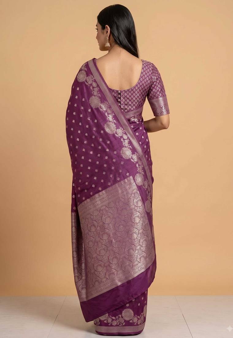 plum floral zari booti semi silk blend banarasi saree