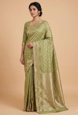 pista green floral zari booti semi silk blend banarasi saree 1