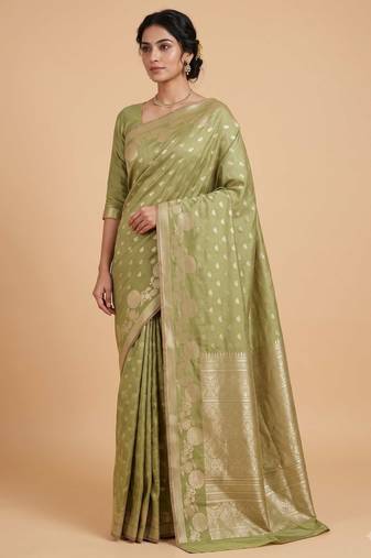 pista green floral zari booti semi silk blend banarasi saree