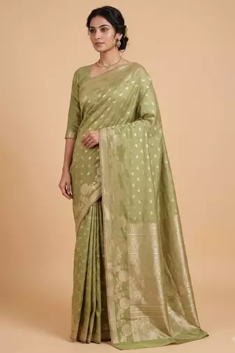 pista green floral zari booti semi silk blend banarasi saree