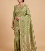 pista green floral zari booti semi silk blend banarasi saree