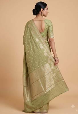 pista green floral zari booti semi silk blend banarasi saree 2